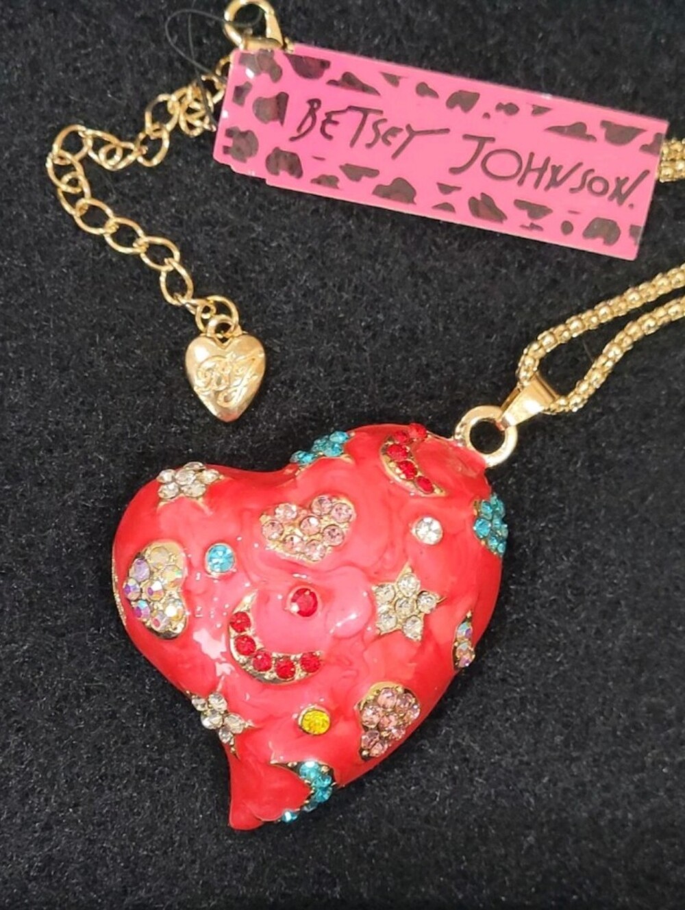 Betsey Johnson Red Enamel Heart Necklace with Multicolor Crystal Accents
